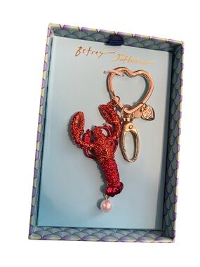 Betsey Johnson Red Rhinestone Lobster Keyring with Pearl Charm Box Set